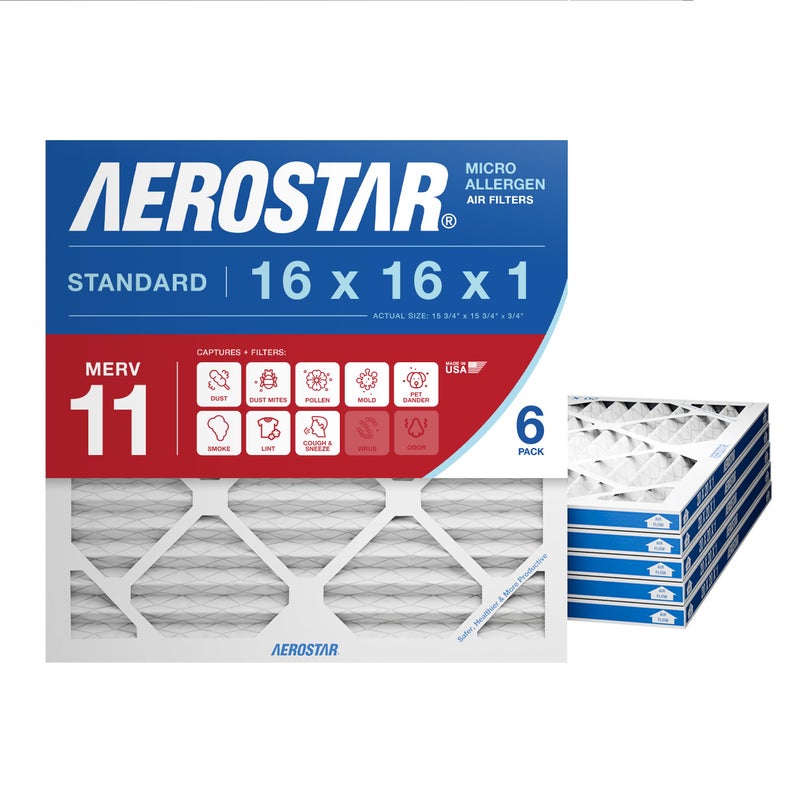 Aerostar 16x16x1 MERV 11 Air Filter, 6 Count, ACTUAL SIZE (15.75 x 15.75 x 0.75 ), HVAC, Air Conditioning & Furnace Filter for Dust, Pet Dander, Smoke & Allergies (MPR 1200 / FPR 7), Made in USA - Image 1